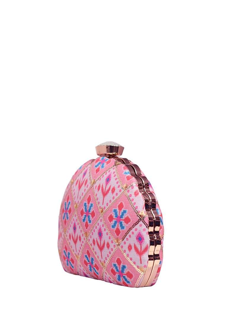 Pink Fabric Ethnic Motifs Printed Embroidered Box Clutch - Indya