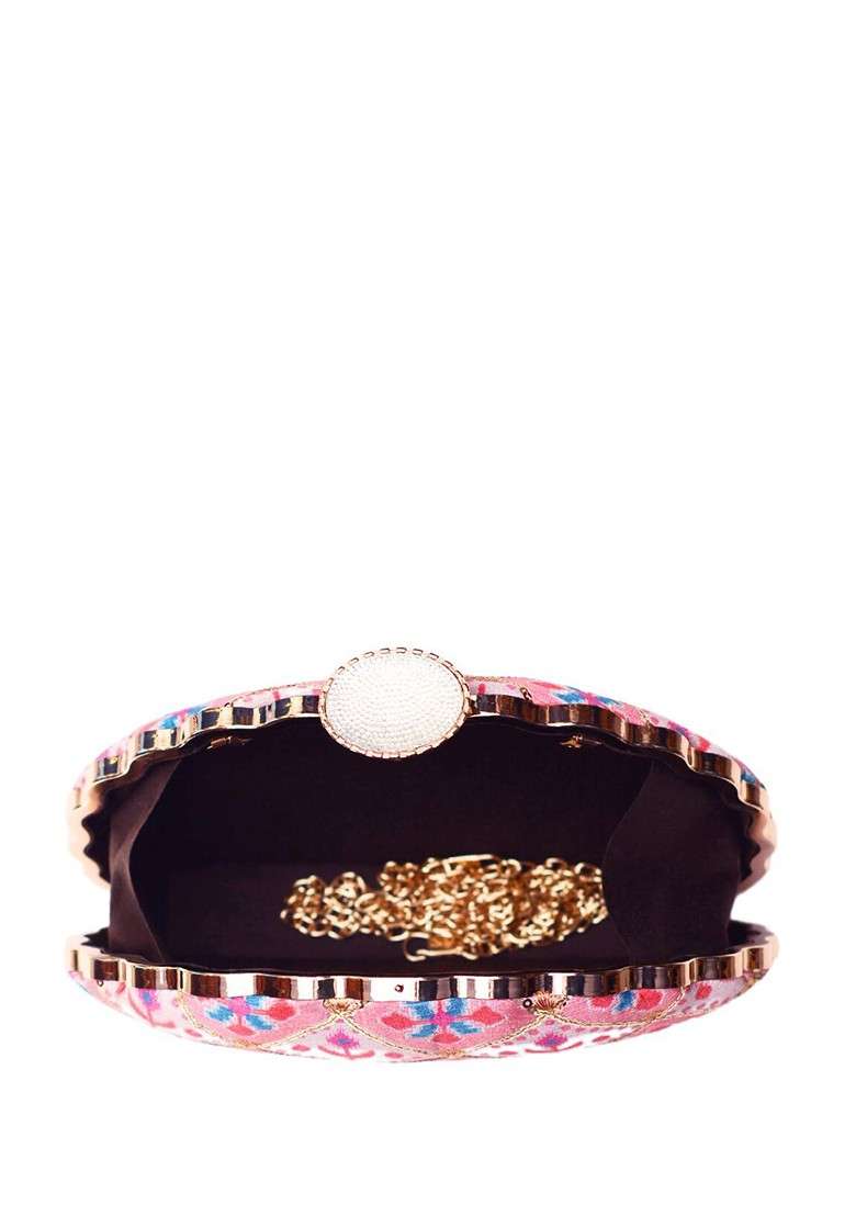 Pink Fabric Ethnic Motifs Printed Embroidered Box Clutch - Indya