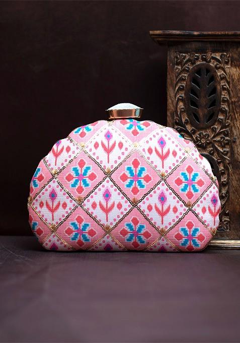 Pink Fabric Ethnic Motifs Printed Embroidered Box Clutch