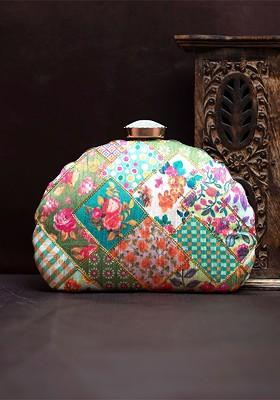 Green Satin Embroidered Box Clutch