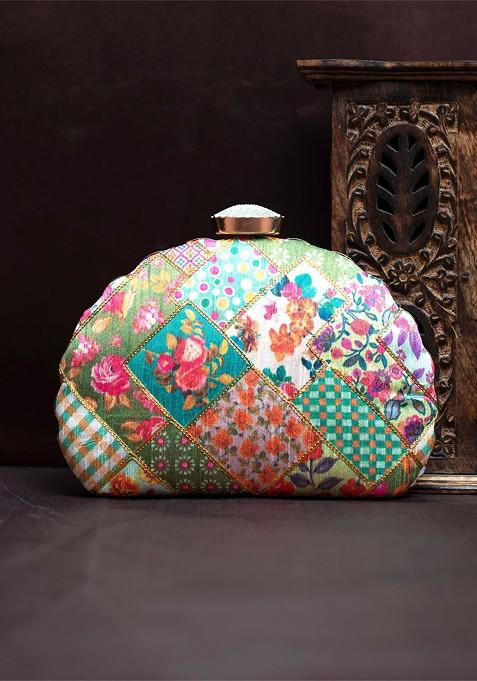 Green Satin Embroidered Box Clutch