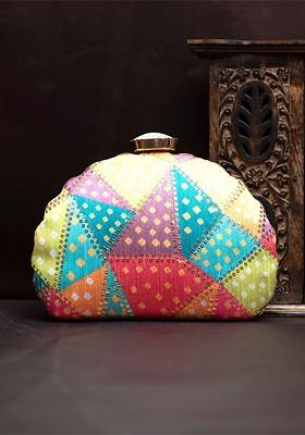 Green Fabric Printed Embellished Box Clutch