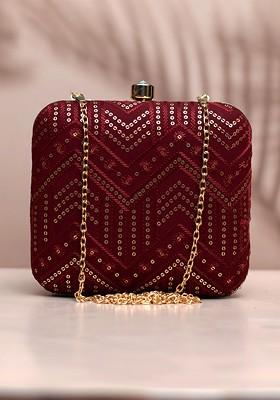 Maroon Satin Embroidered Box Clutch