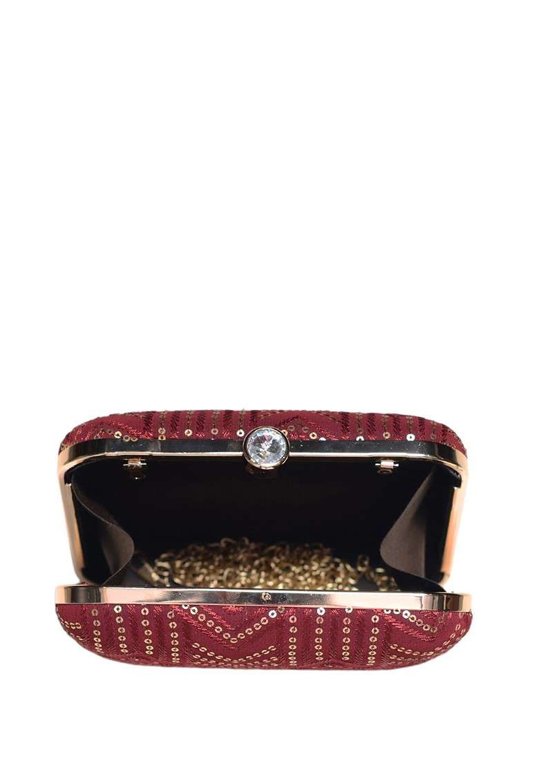 Maroon Satin Embroidered Box Clutch - Indya