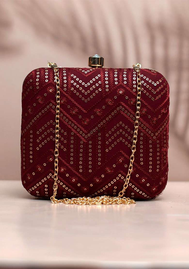 Maroon Satin Embroidered Box Clutch - Indya