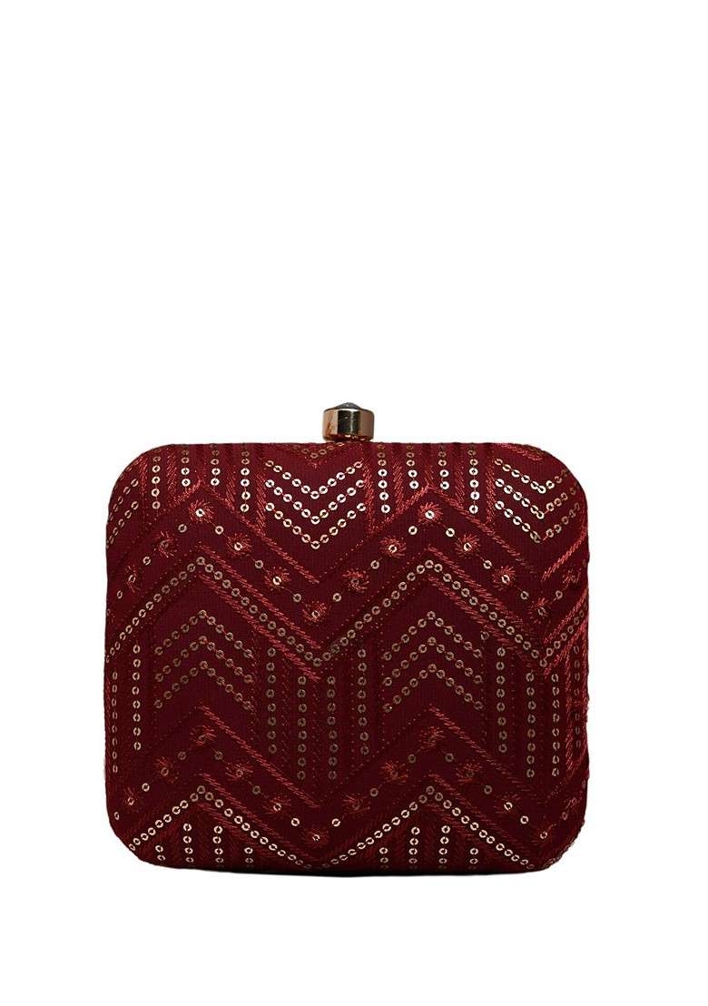Maroon Satin Embroidered Box Clutch - Indya