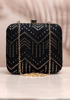 Black Satin Sequin Embellished Box Clutch