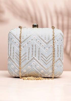White Satin Embroidered Box Clutch