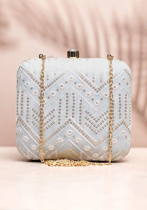 White Satin Embroidered Box Clutch