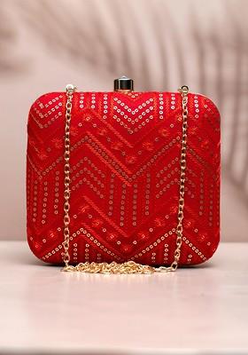Red Satin Embroidered Box Clutch