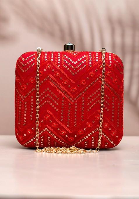 Red Satin Embroidered Box Clutch