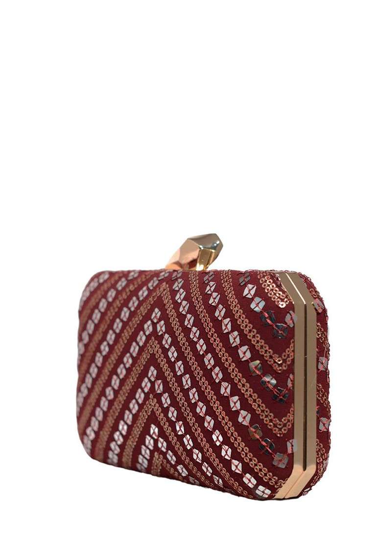 Maroon Satin Embroidered Box Clutch - Indya