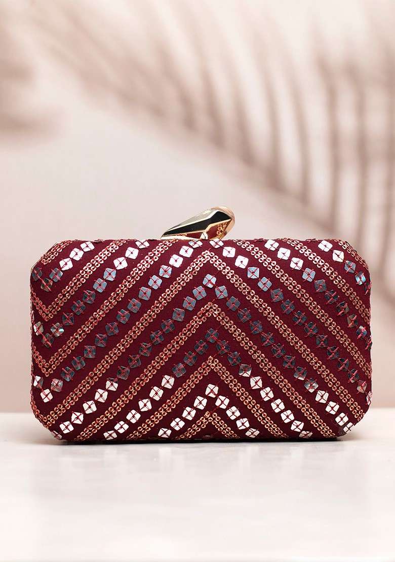 Maroon Satin Embroidered Box Clutch - Indya