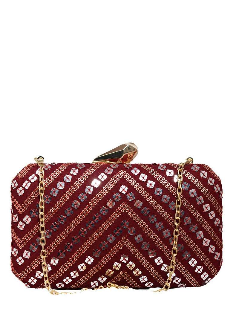 Maroon Satin Embroidered Box Clutch - Indya