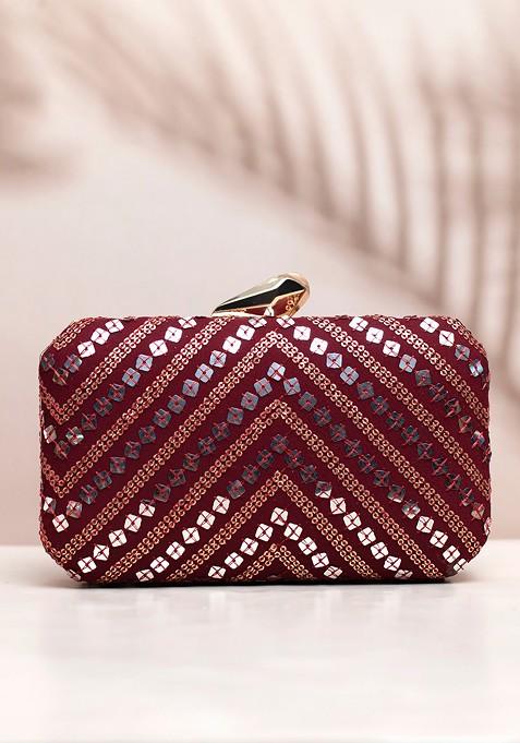 Maroon Satin Embroidered Box Clutch