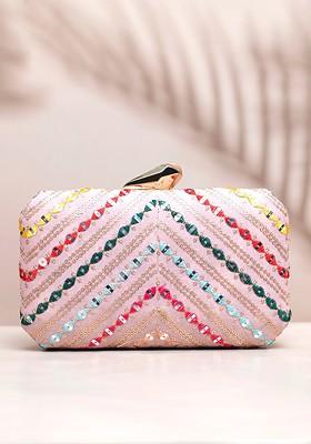 Pink Satin Embroidered Box Clutch