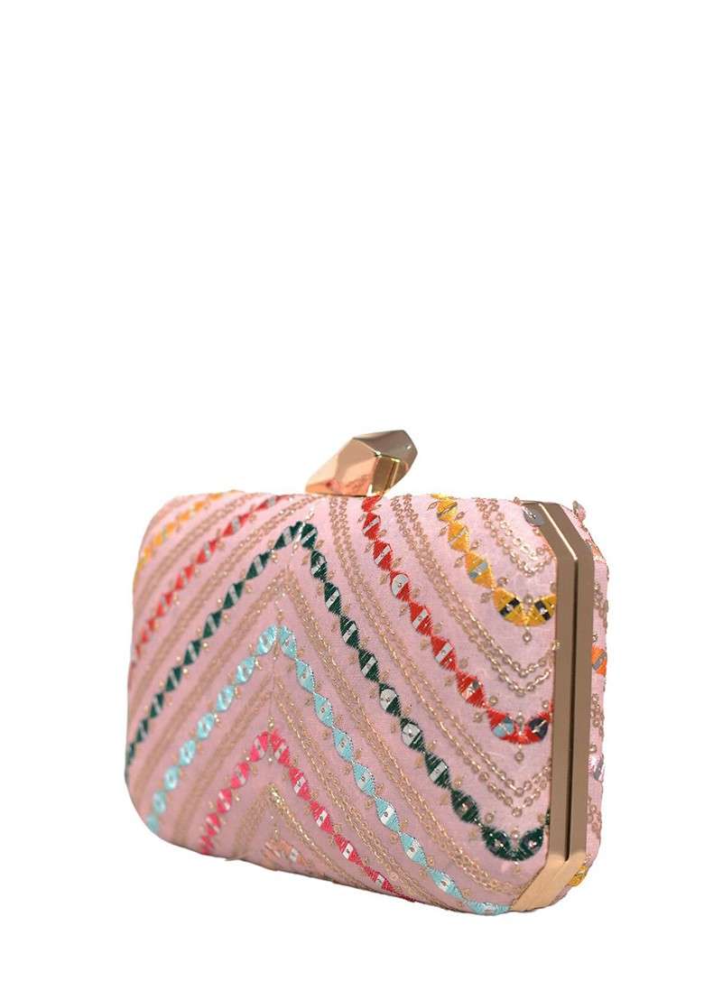 Pink Satin Embroidered Box Clutch - Indya