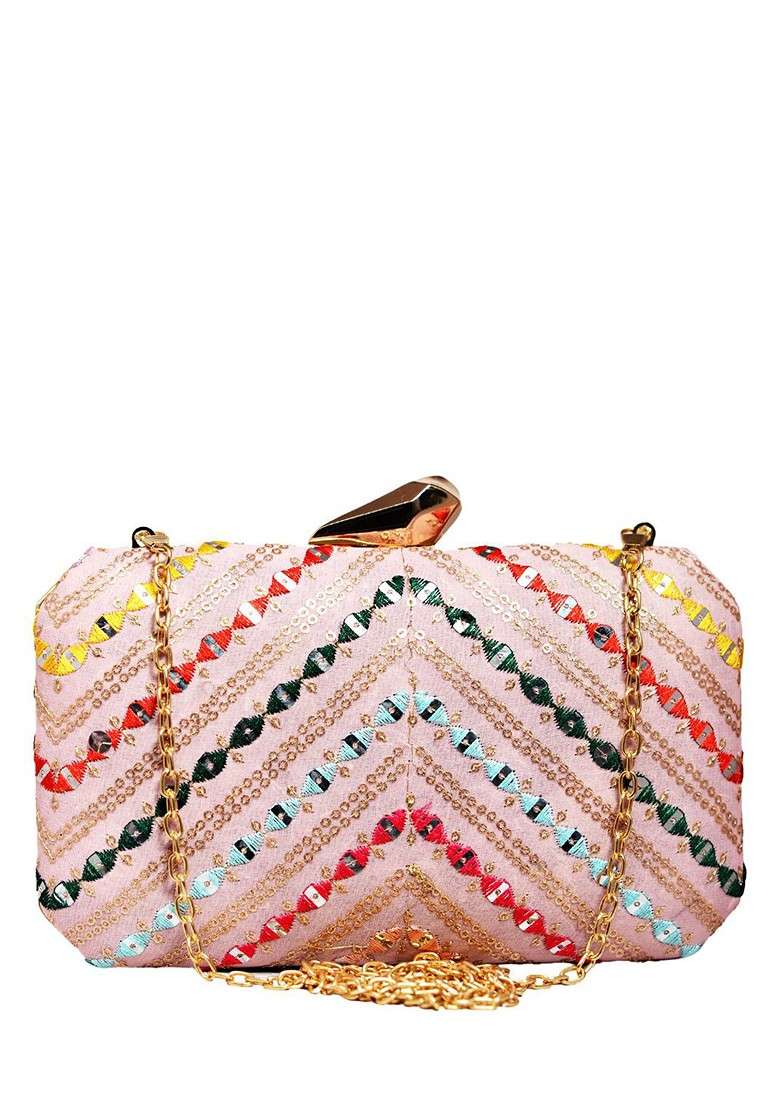 Pink Satin Embroidered Box Clutch - Indya