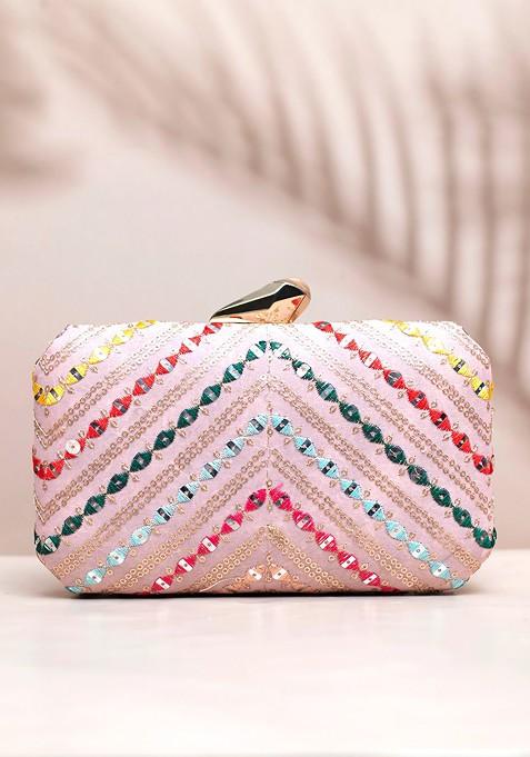 Pink Satin Embroidered Box Clutch