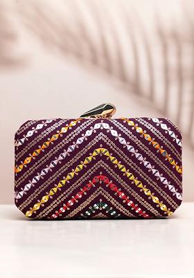 Maroon Satin Embroidered Box Clutch