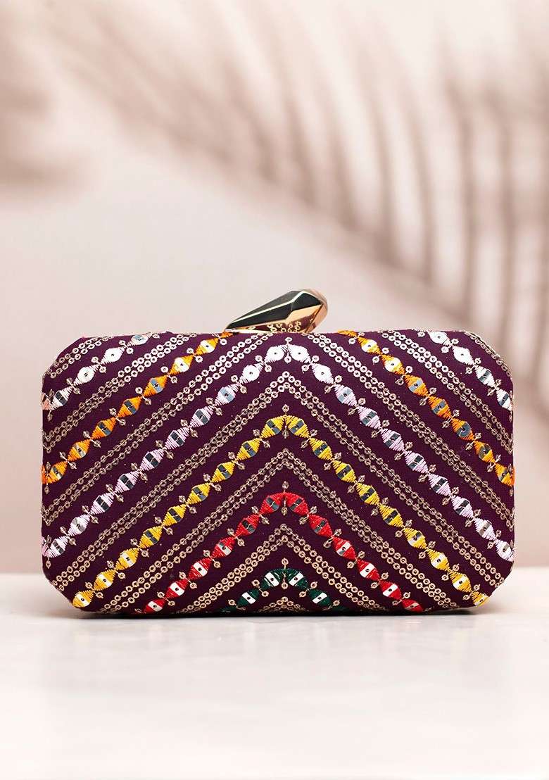 Maroon Satin Embroidered Box Clutch - Indya