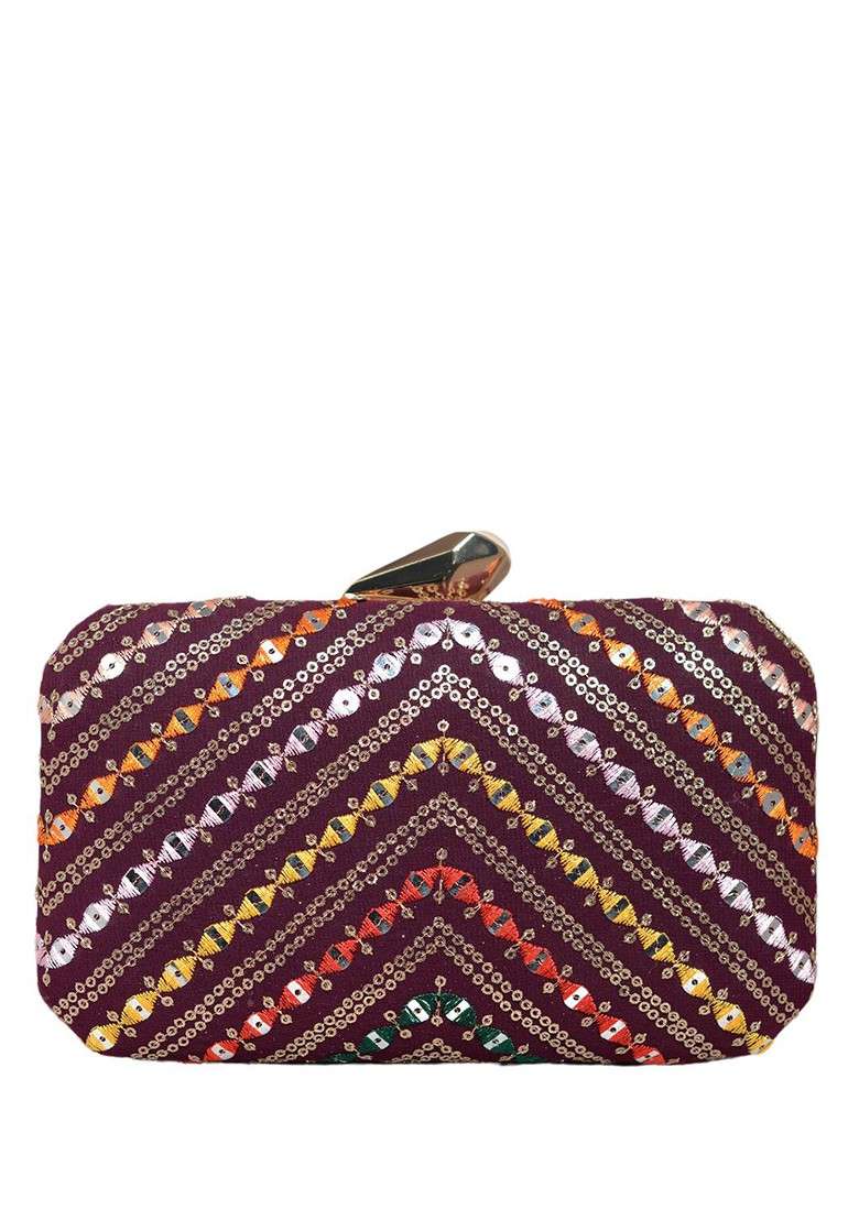 Maroon Satin Embroidered Box Clutch - Indya