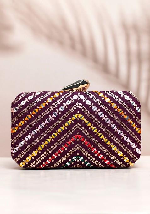 Maroon Satin Embroidered Box Clutch