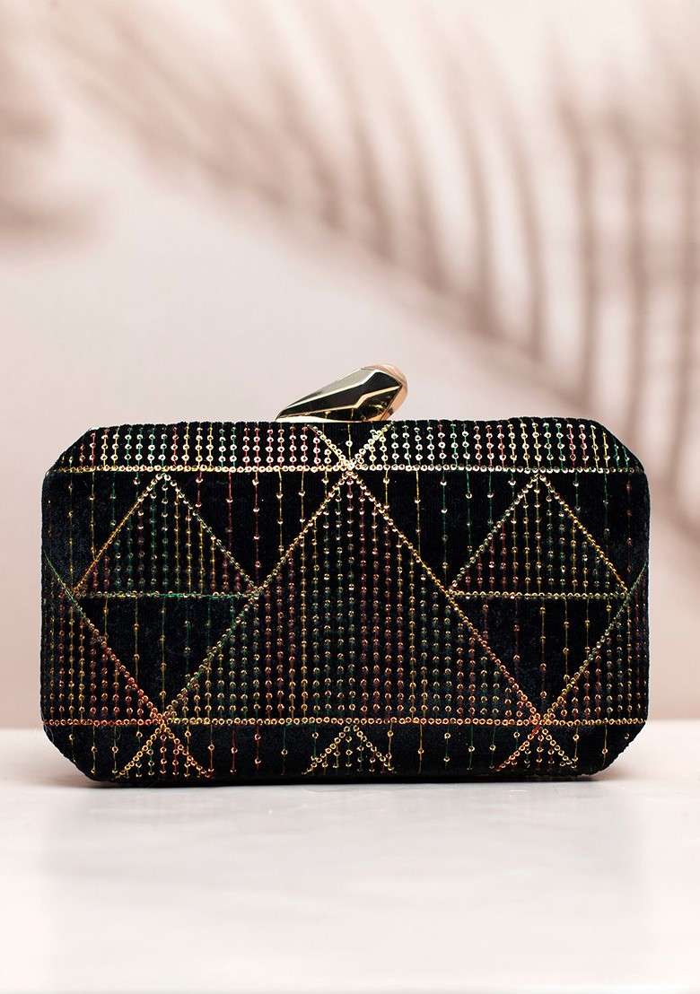 Green Satin Embroidered Box Clutch - Indya