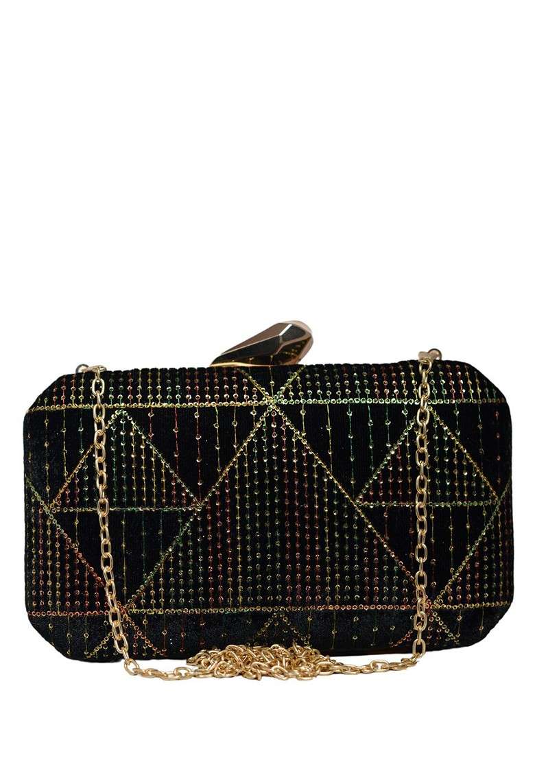 Green Satin Embroidered Box Clutch - Indya