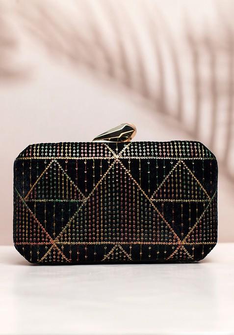 Green Satin Embroidered Box Clutch