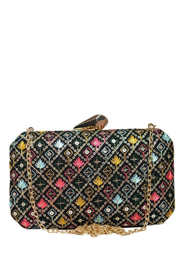 Black Satin Sequin Embroidered Box Clutch - Indya
