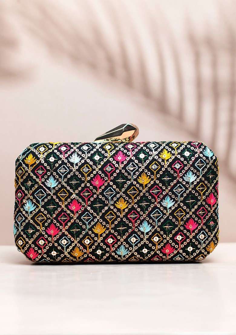 Black Satin Sequin Embroidered Box Clutch - Indya