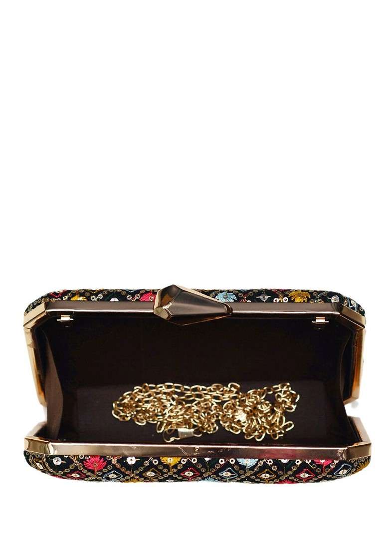 Black Satin Sequin Embroidered Box Clutch - Indya
