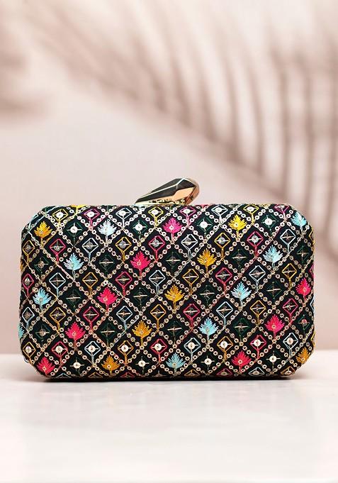 Black Satin Sequin Embroidered Box Clutch