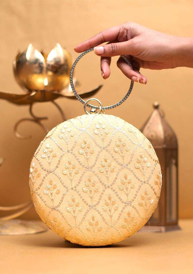 Yellow Satin Embroidered Box Clutch - Indya