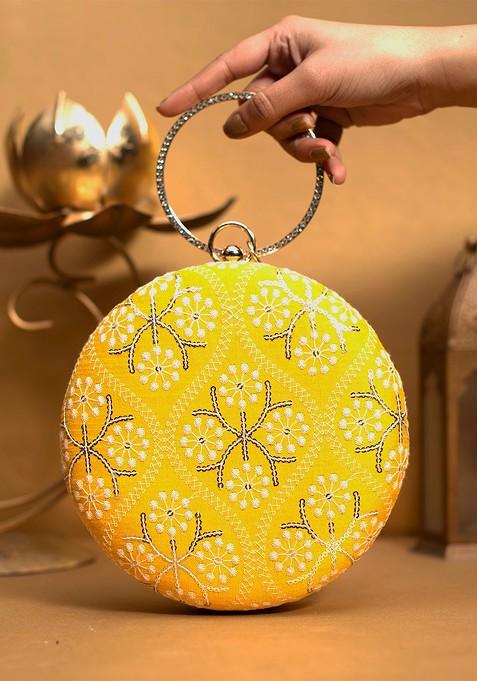 Yellow Satin Embroidered Box Clutch