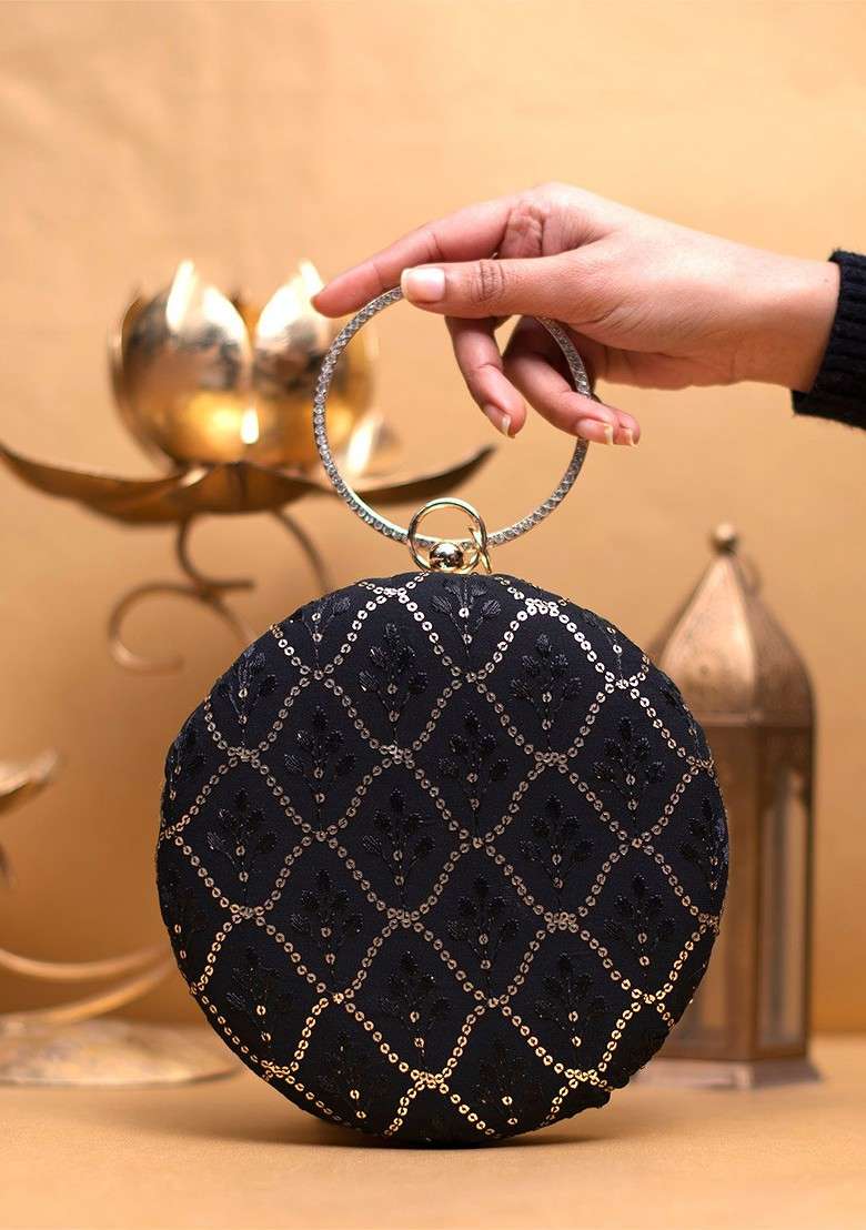 Black Satin Embroidered Box Clutch - Indya