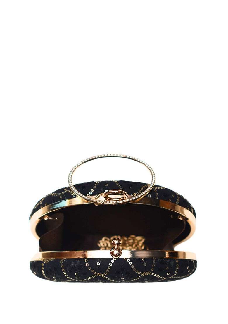 Black Satin Embroidered Box Clutch - Indya