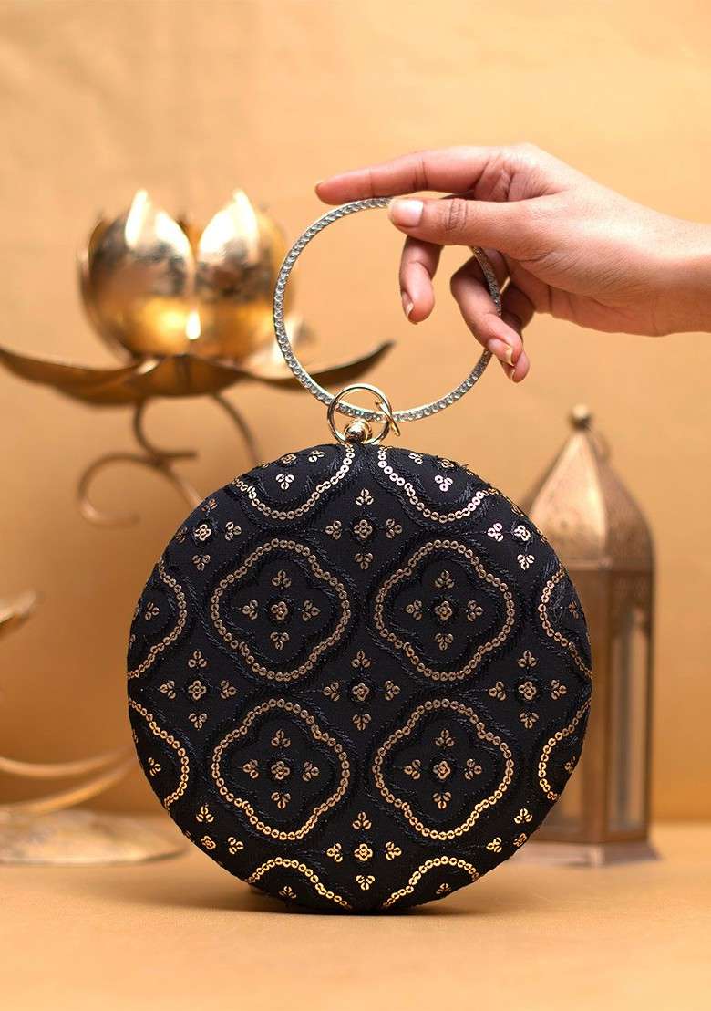 Black Satin Embroidered Box Clutch - Indya