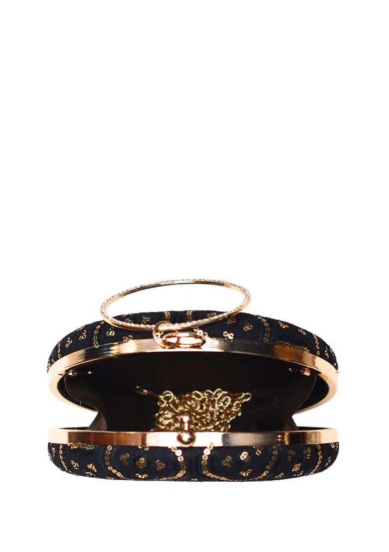 Black Satin Embroidered Box Clutch - Indya