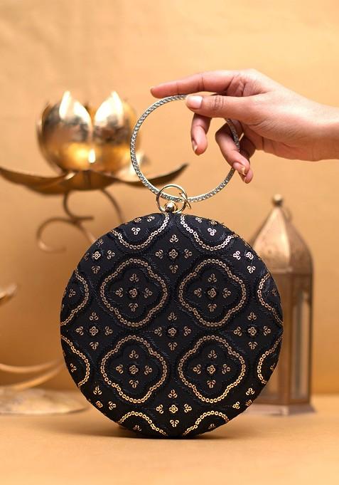 Black Satin Embroidered Box Clutch