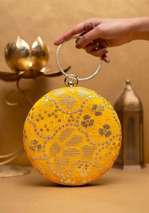 Yellow Satin Embroidered Box Clutch