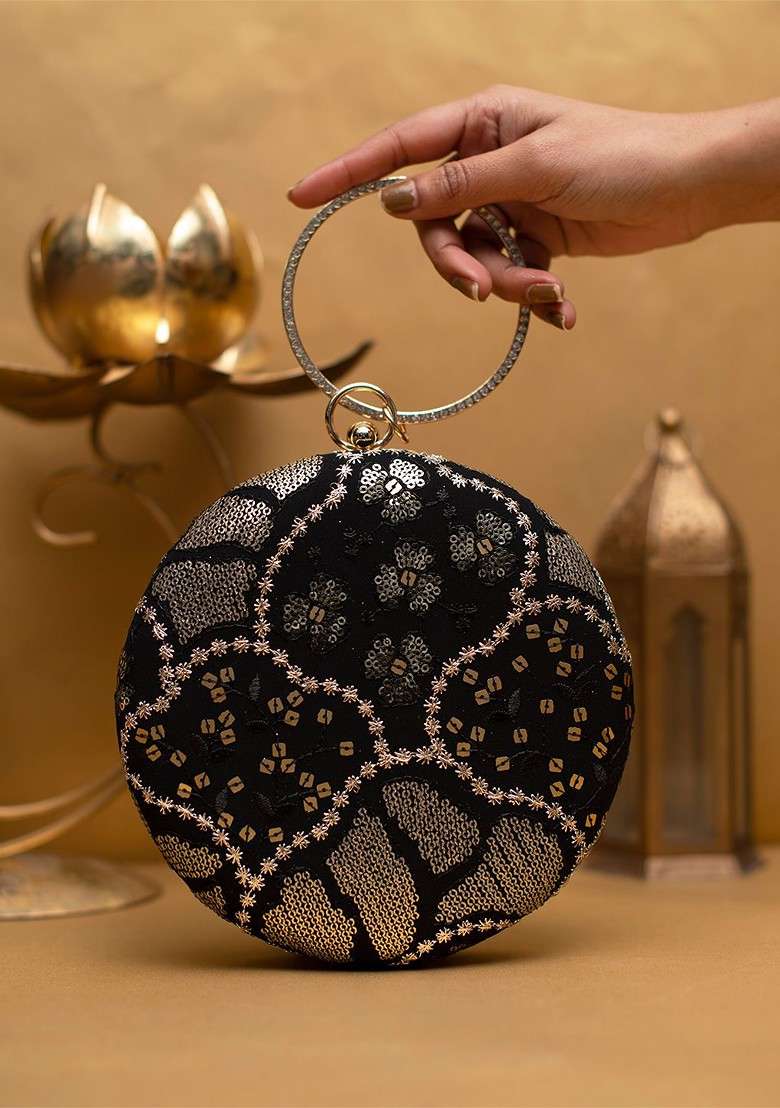 Black Satin Embroidered Box Clutch - Indya