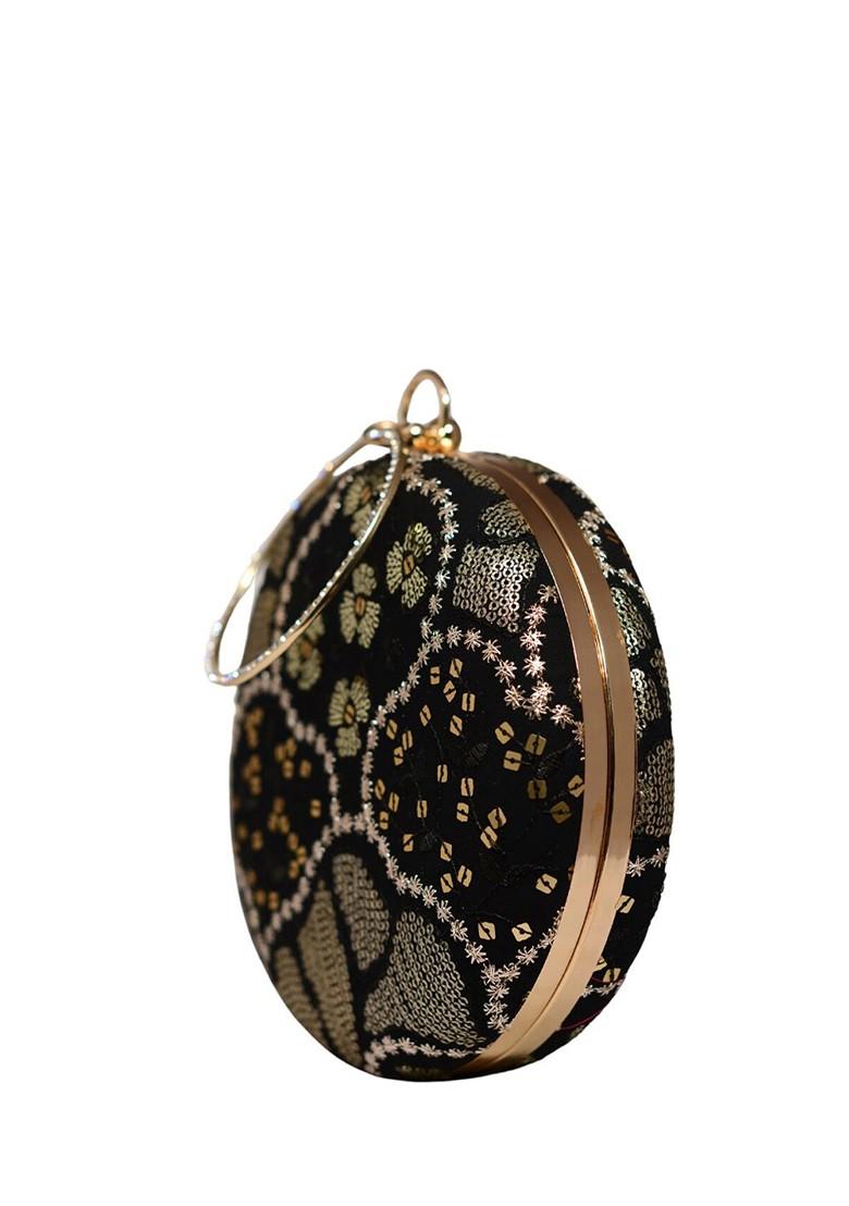 Black Satin Embroidered Box Clutch