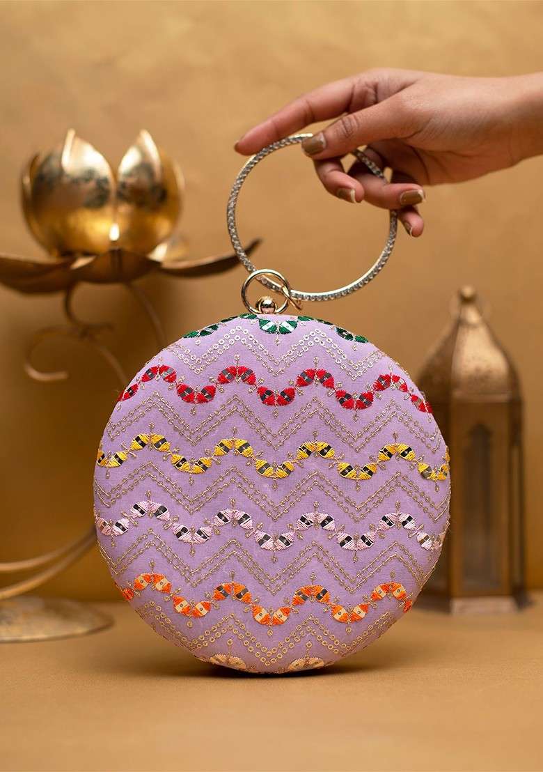 Lavender Satin Embroidered Box Clutch - Indya