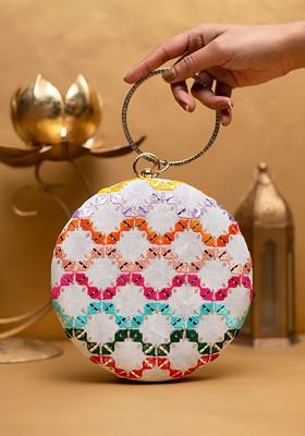 White Satin Embroidered Box Clutch