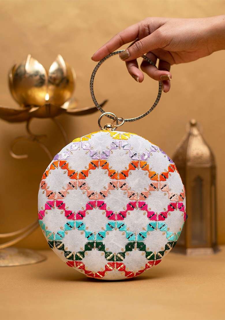 White Satin Embroidered Box Clutch - Indya