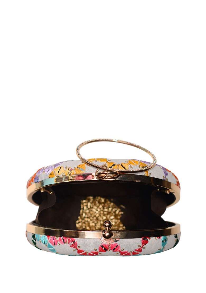 White Satin Embroidered Box Clutch - Indya