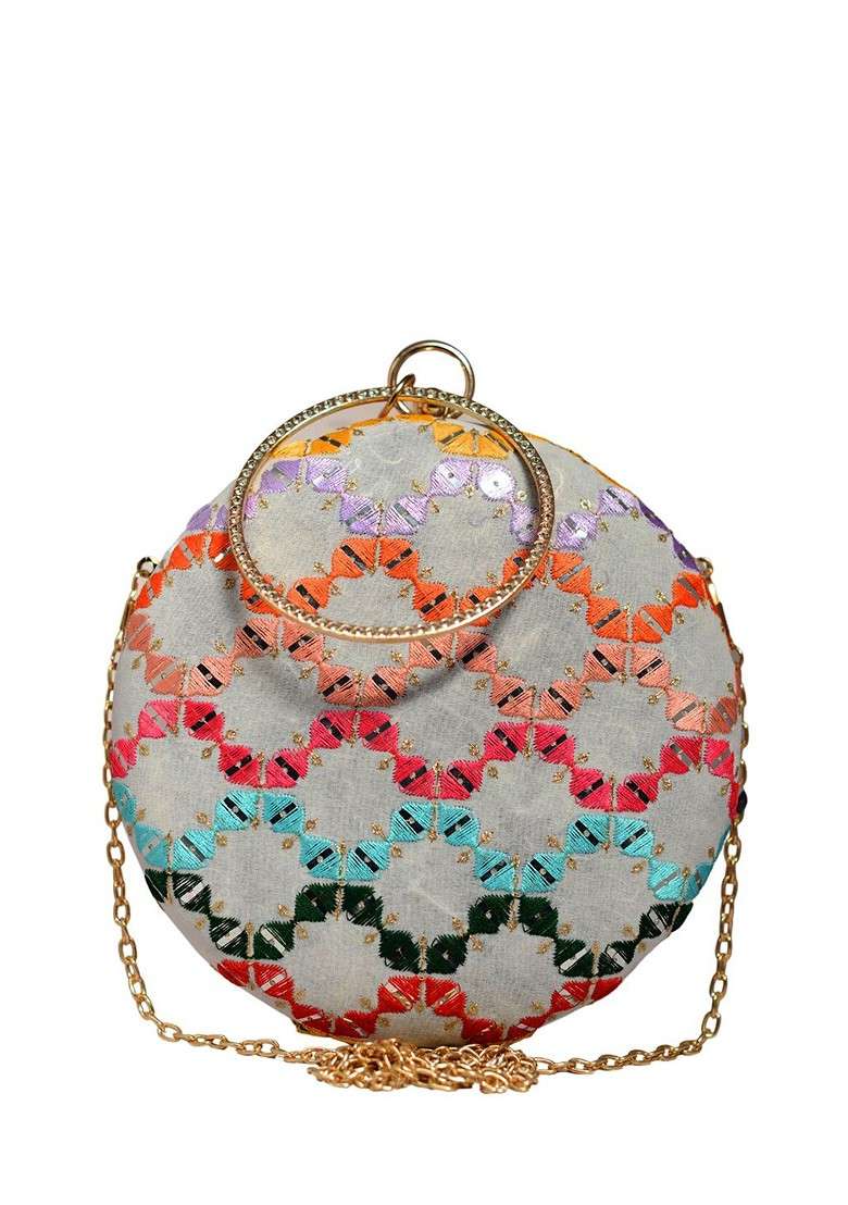 White Satin Embroidered Box Clutch - Indya