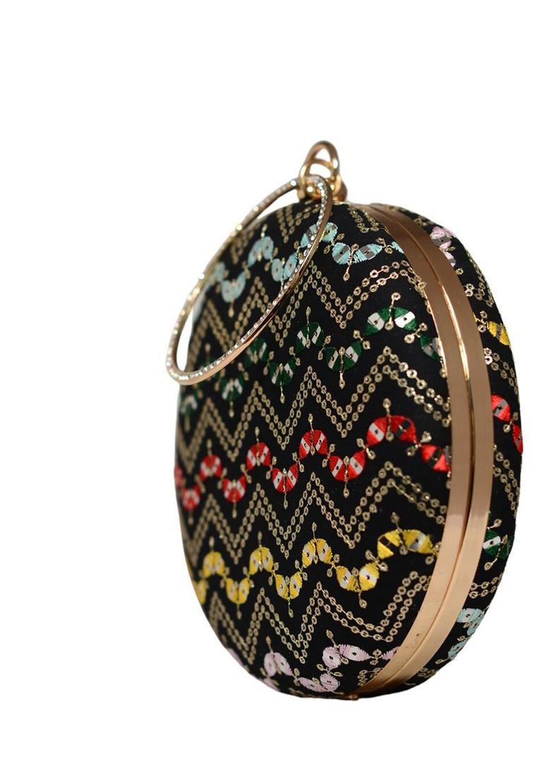 Black Satin Embroidered Box Clutch - Indya